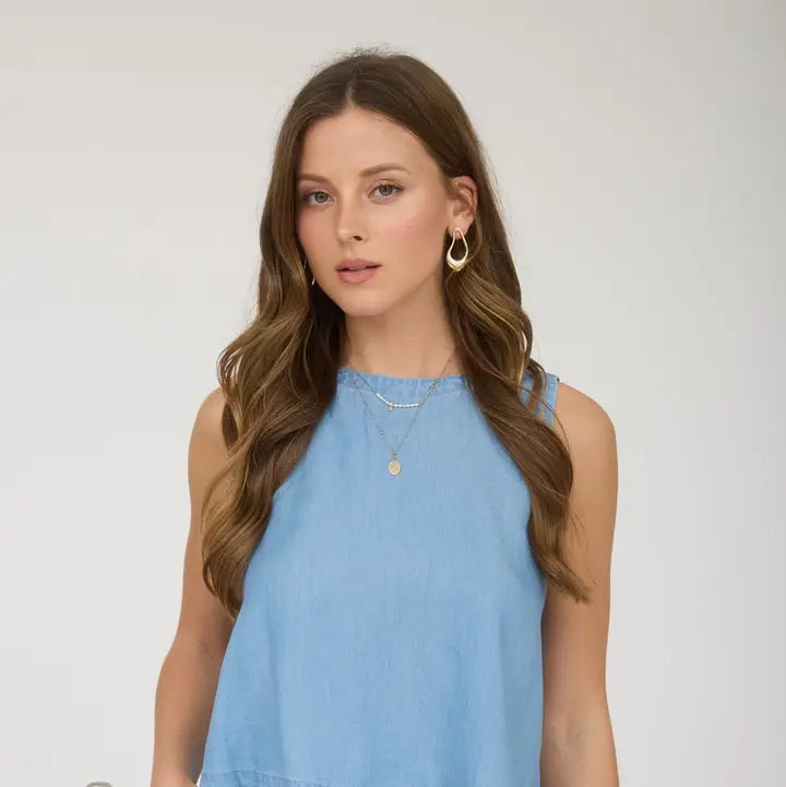 Back Button Sleeveless Chambray Top