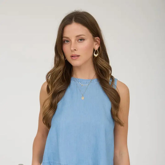 Back Button Sleeveless Chambray Top