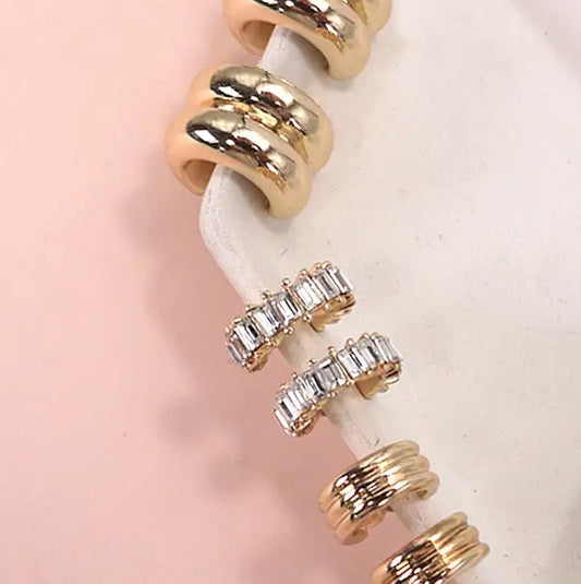 Baguette Stone Double Hoop Huggie Trio Earrings