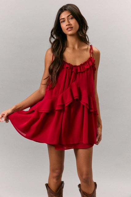 Crimson Ruffle Flare Romper