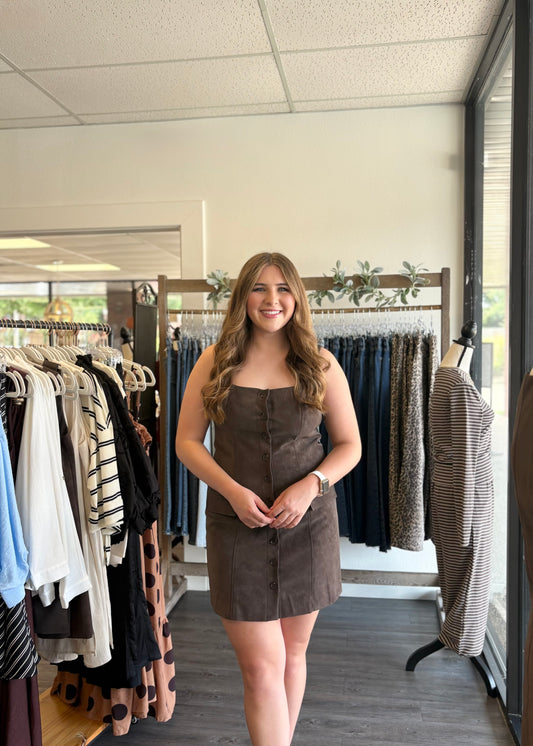 Brown Square Neck Suede Mini Dress