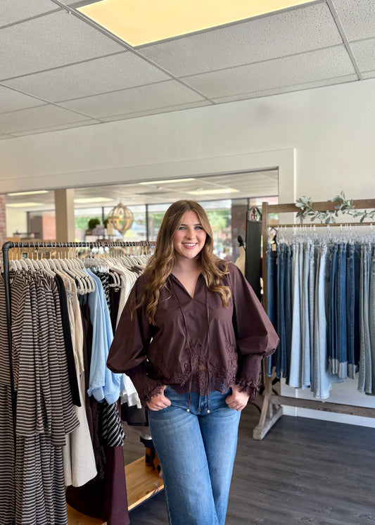 Espresso Smocked Lace Trim Blouse