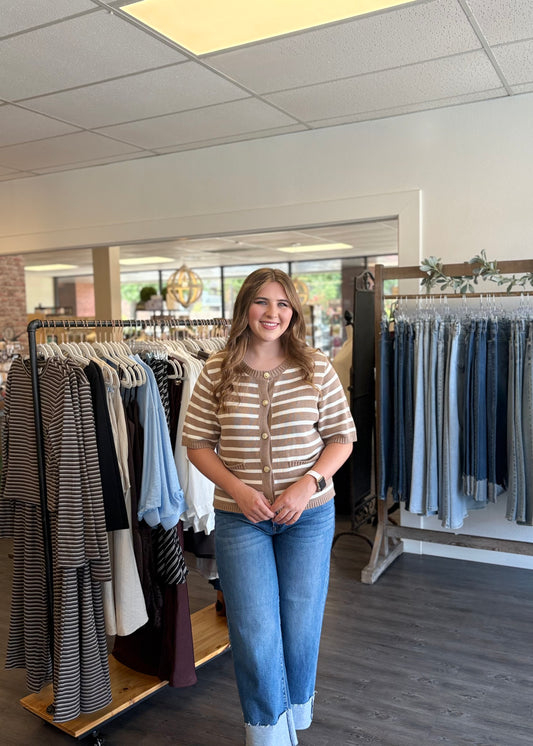 Taupe Stripe Button Down Knit Top