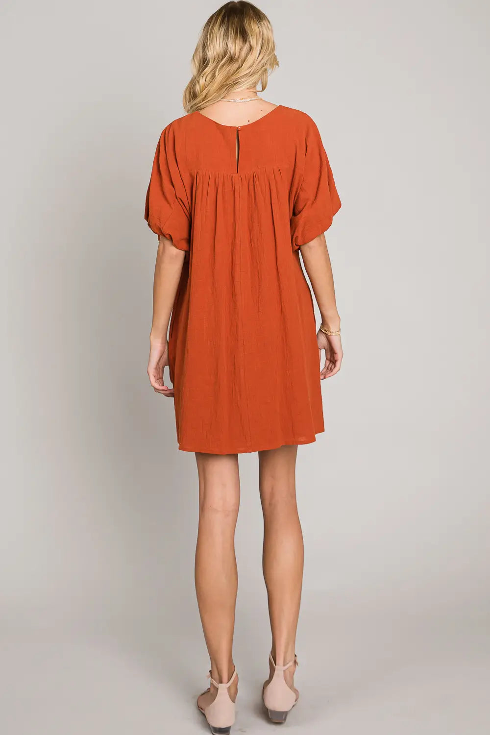 Pumpkin Puff Sleeves Woven Shift Dress LP