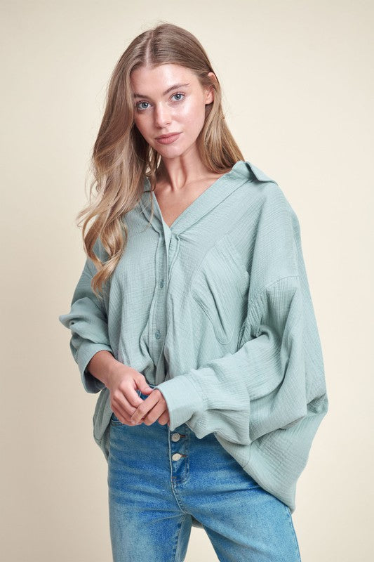 Sky Blue Oversized Button Down Blouse