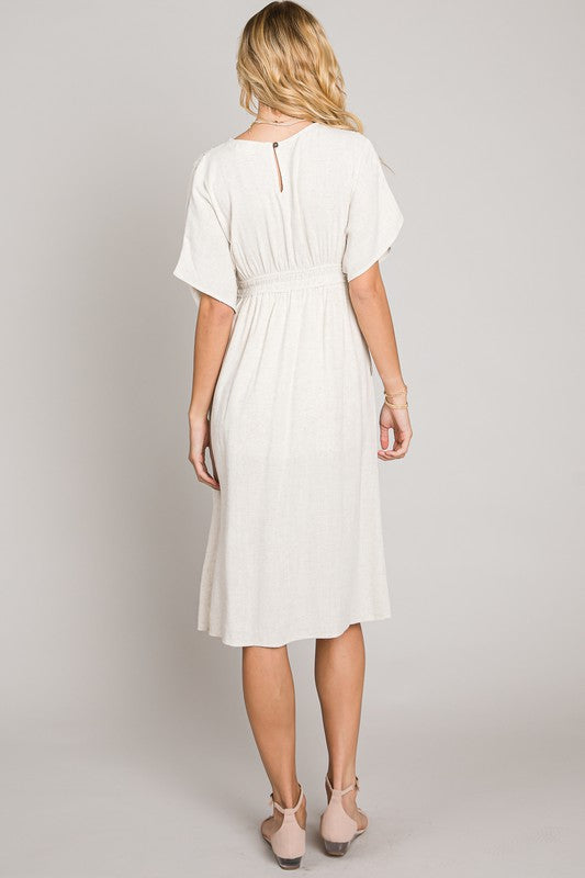 Soft Linen V-Neck Smocked Waist Dress