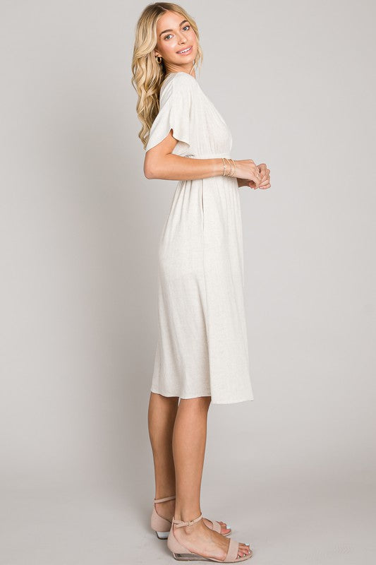 Soft Linen V-Neck Smocked Waist Dress