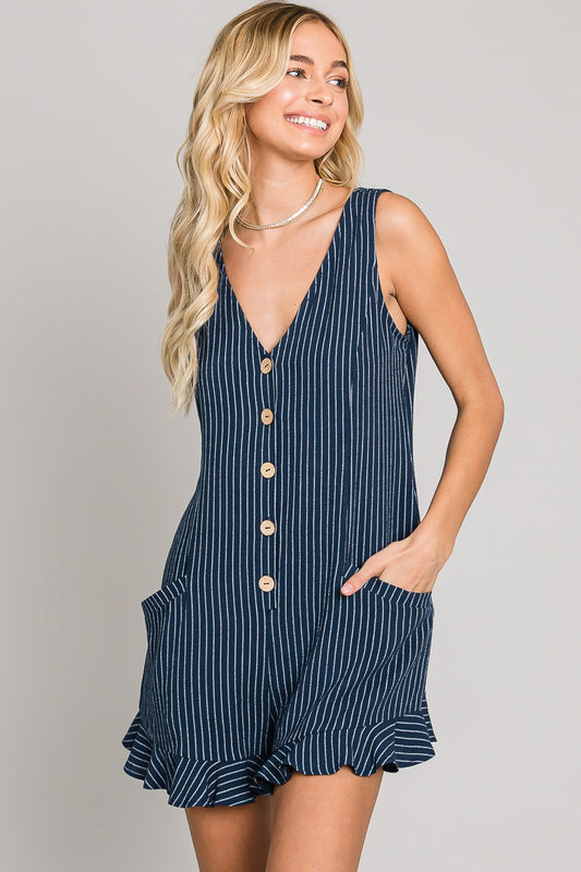 Ruffled Hem Striped Linen Romper