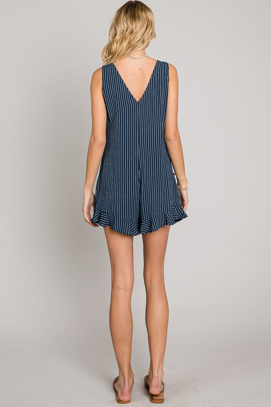 Ruffled Hem Striped Linen Romper