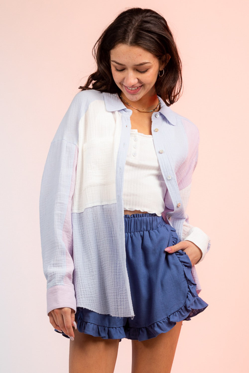 Denim Linen Ruffle Shorts