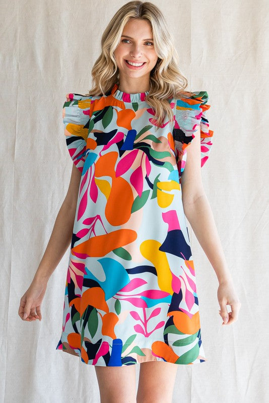 Tropical Ruffled Cap Sleeve Dress