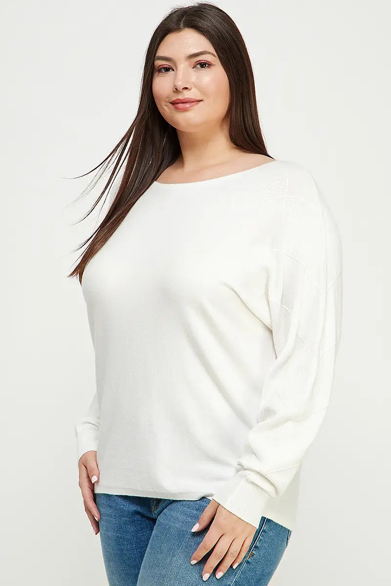 Off White Soft Mixed Texture Dolman Pullover (Plus Size)