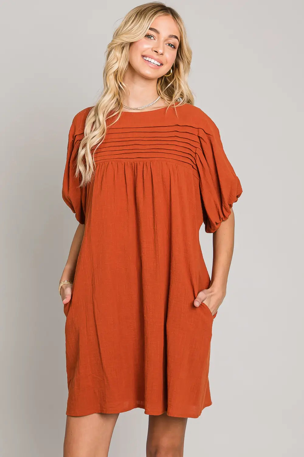 Pumpkin Puff Sleeves Woven Shift Dress LP