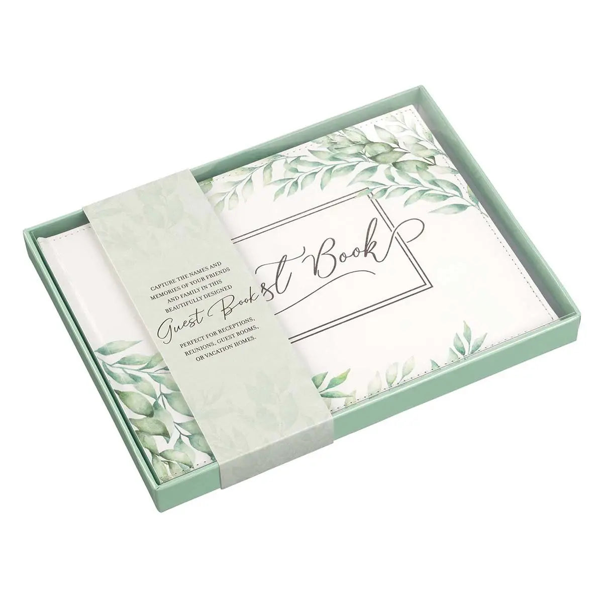 Green Leaves Medium White and Green Faux Leather Guest Book