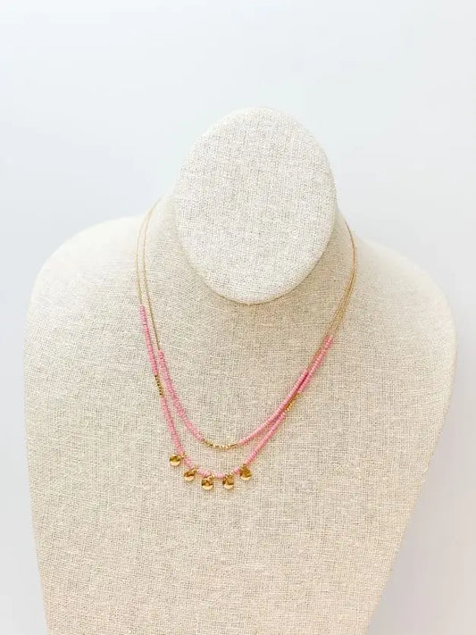 Pink Layered Seed Bead Charm Necklace