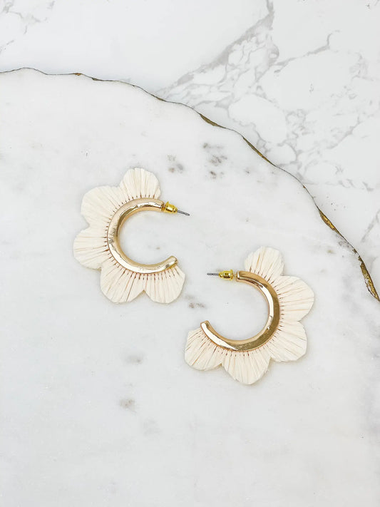 White Raffia Petal Gold Hoop Earrings  White