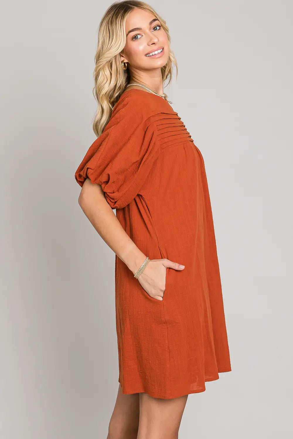 Pumpkin Puff Sleeves Woven Shift Dress LP