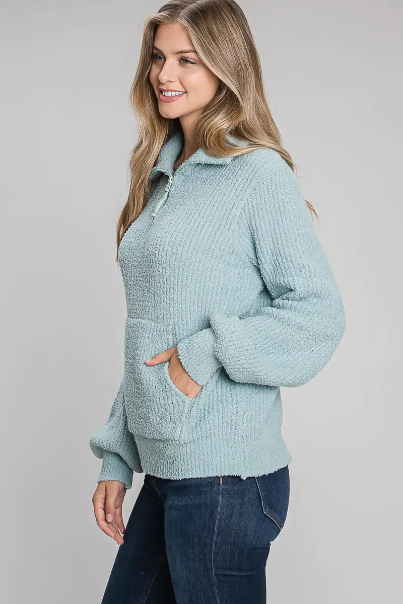 Sage Plush Half Zip Pullover Sweater