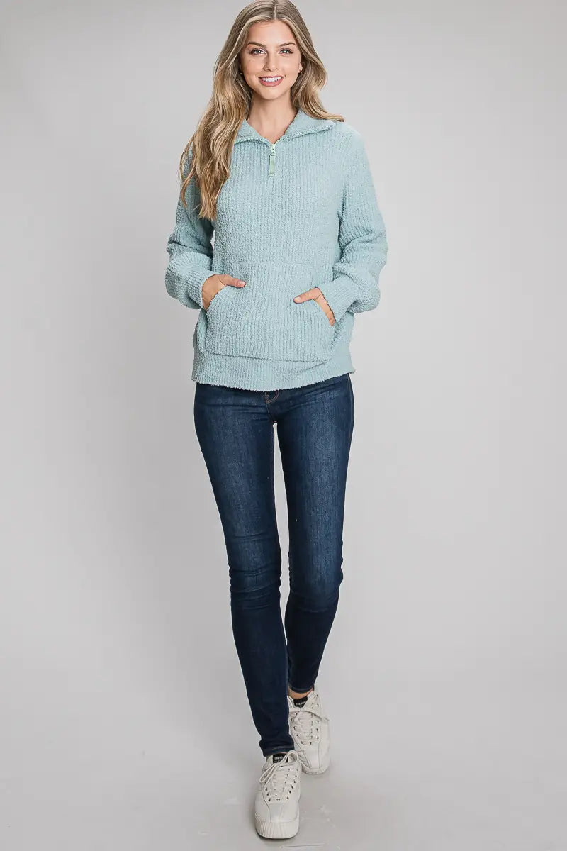 Sage Plush Half Zip Pullover Sweater