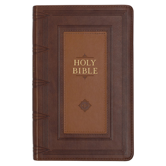 Saddle Tan and Toffee Framed Inlay Faux Leather Giant Print Standard-size KJV Bible with Thumb Indexing