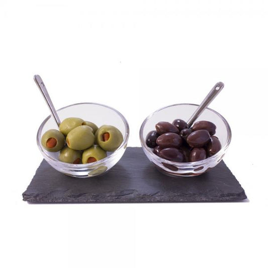 Slate tray with glass bowls