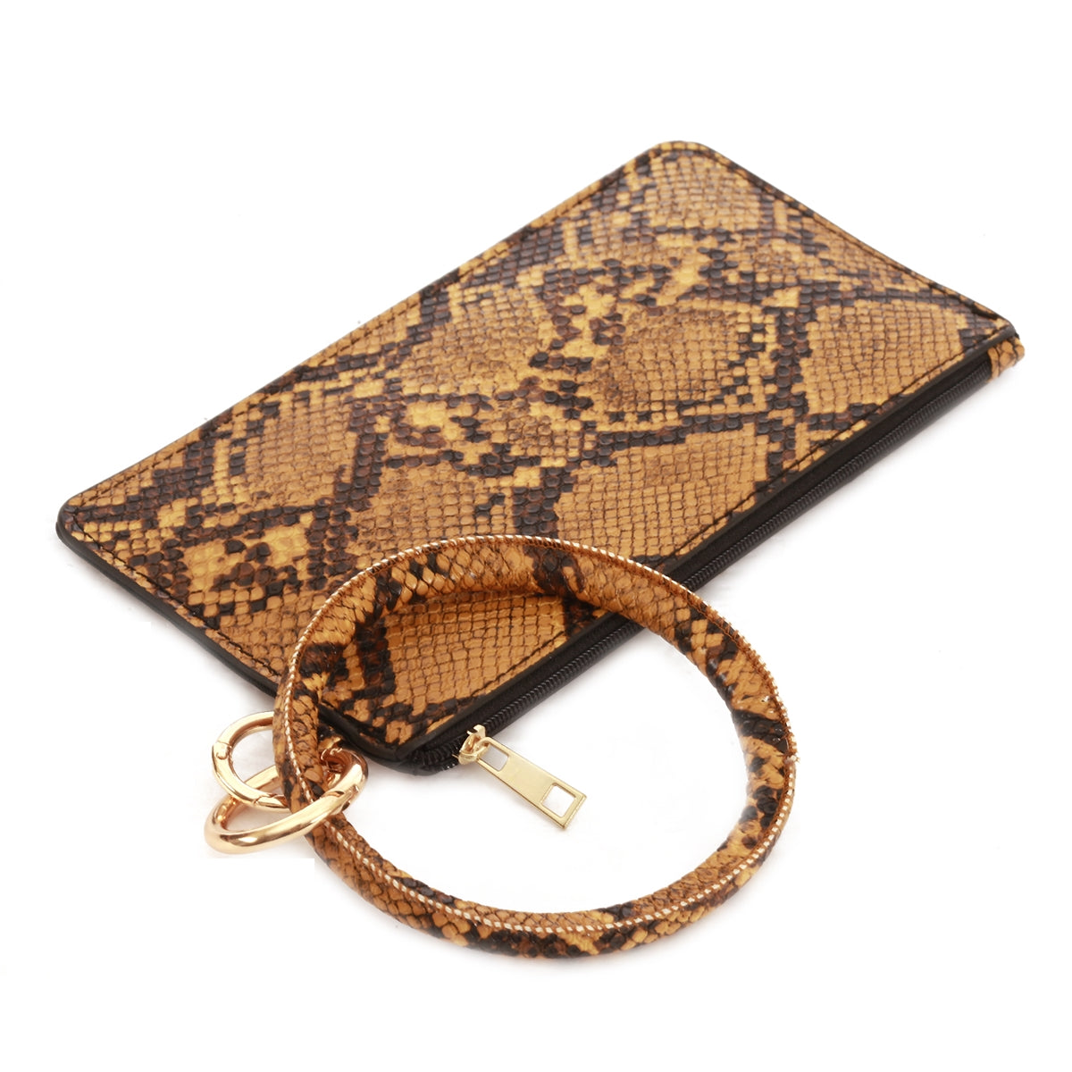 Vegan Leather Mustard Snake Print Key Ring with Wallet Attachment