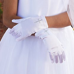 First Communion Satin Gloves w/ Pearl Cross