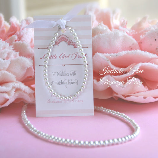 Little Girl Pearls Set with Organza Bag, 6" bracelet and 14" Necklace