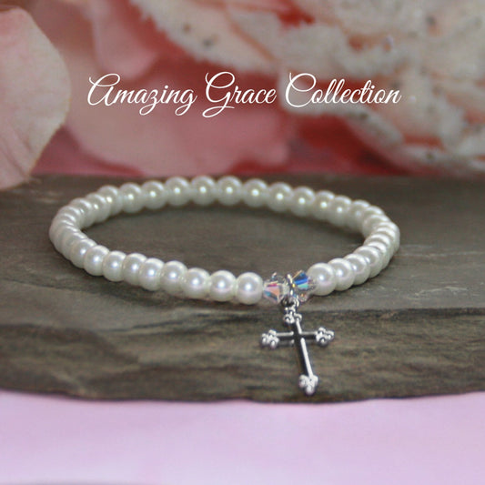 AMAZING GRACE TWEEN PEARL RHODIUM CROSS STRETCH BR