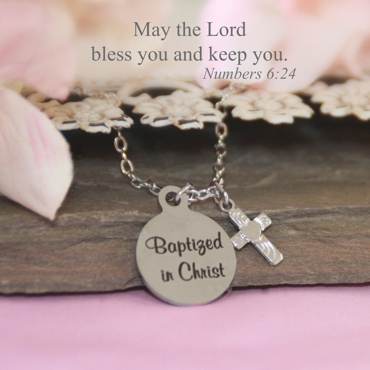 BAPTIZED IN CHRIST STAINLESS W/CROSS NECK