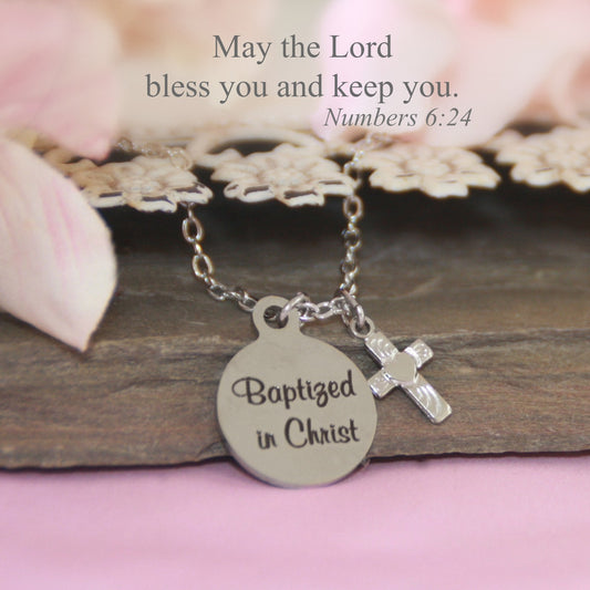 BAPTIZED IN CHRIST STAINLESS W/CROSS NECK