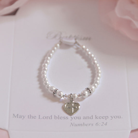 5" BAPTISM CROSS IN HEART PEARL BRACELET