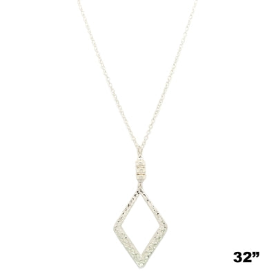 Hammered Worn Silver Diamond Pendant 32" Necklace