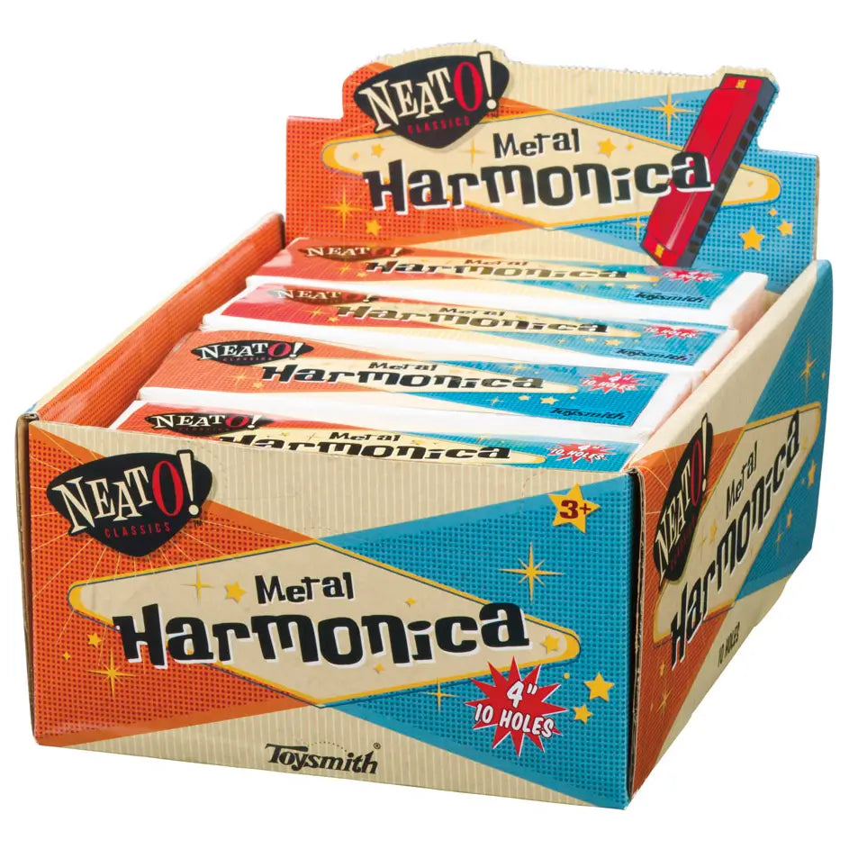 Neato! 4" Metal Harmonica, 10 Holes, Hinged Box, Asst Colors