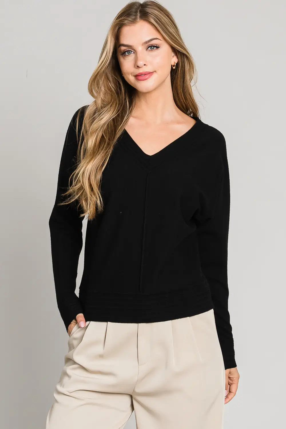 Black V Neck Pullover with Center Seam