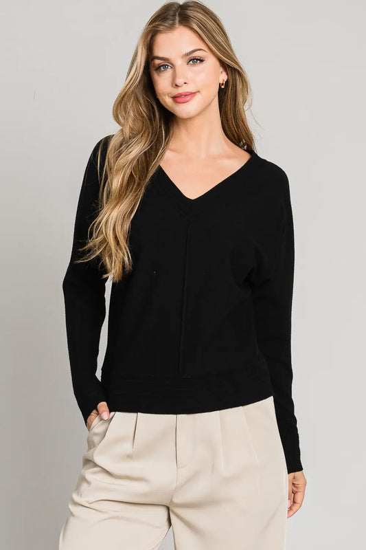 Black V Neck Pullover with Center Seam
