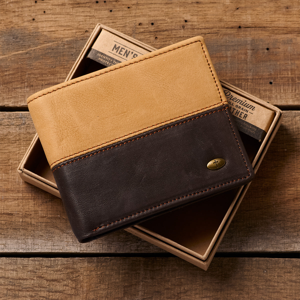 Two-tone Dark Brown and Camel Tan Leather Wallet with Cross