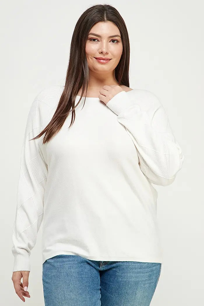 Off White Soft Mixed Texture Dolman Pullover (Plus Size)