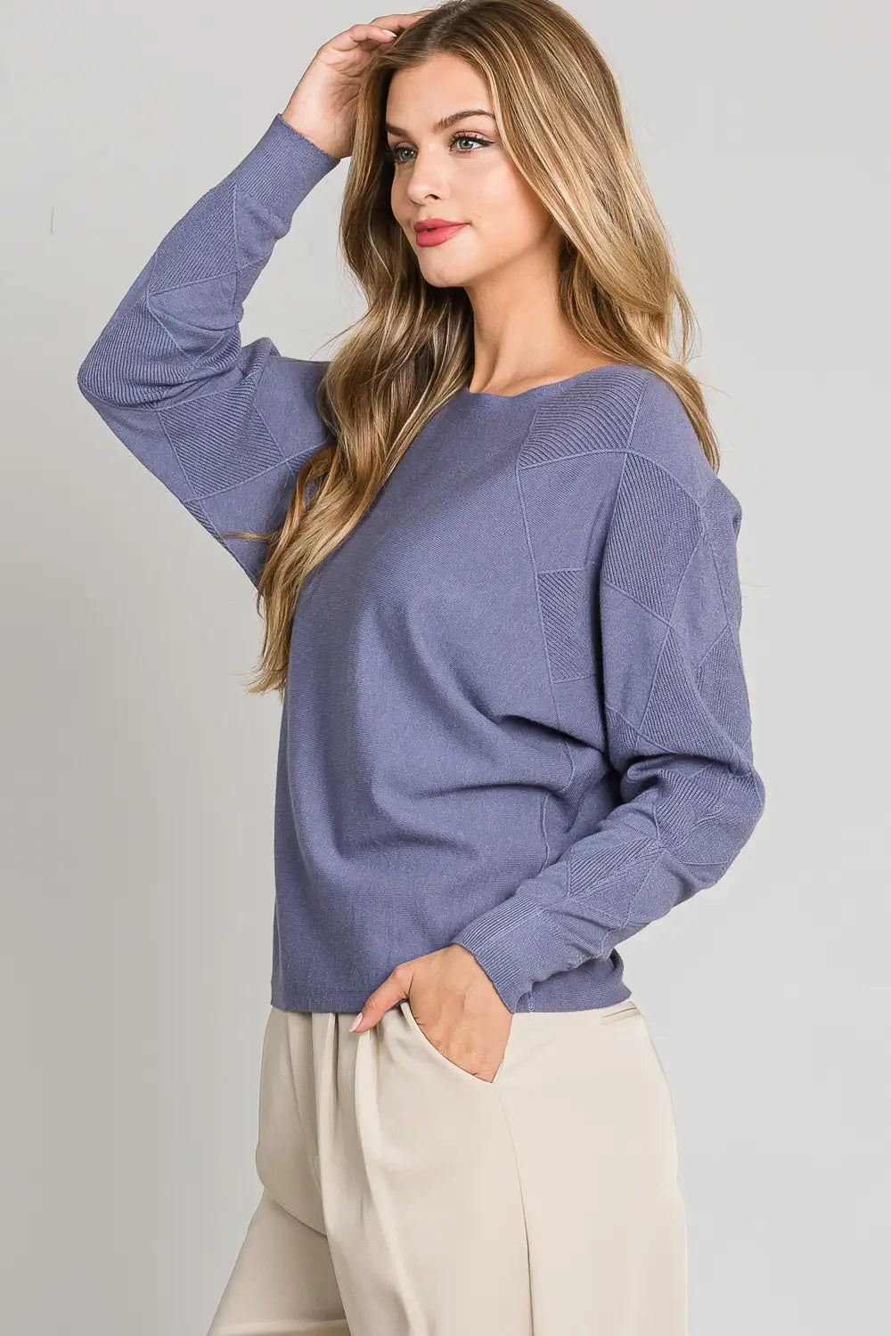 Blue Iris Mixed Texture Sleeves Fine Gauge Sweater