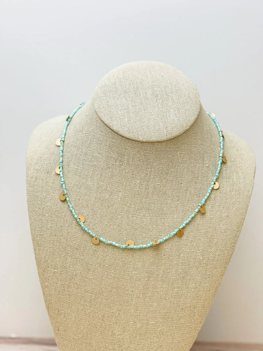 Mint Seed Bead Disc Charm Necklaces