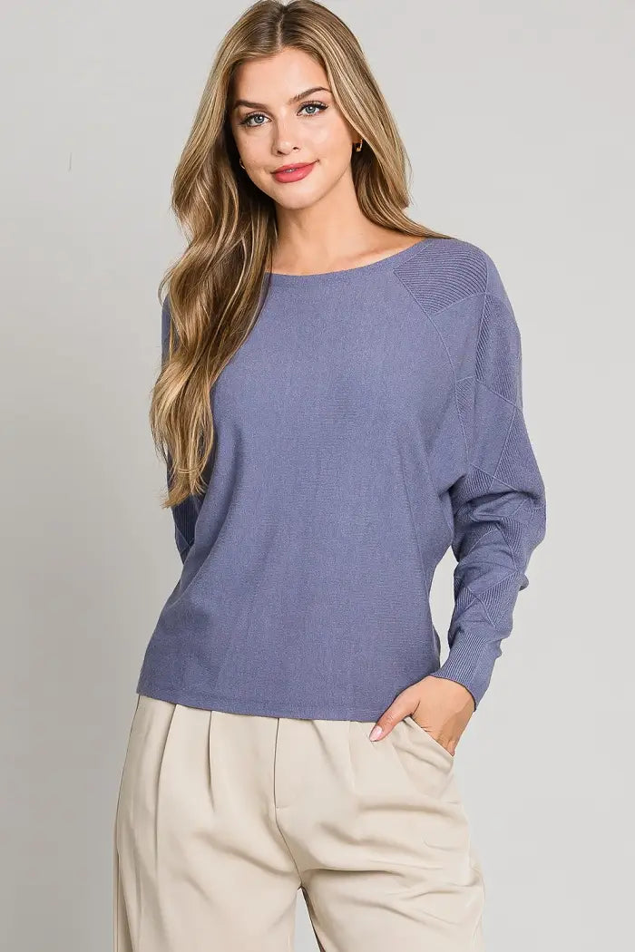 Blue Iris Mixed Texture Sleeves Fine Gauge Sweater