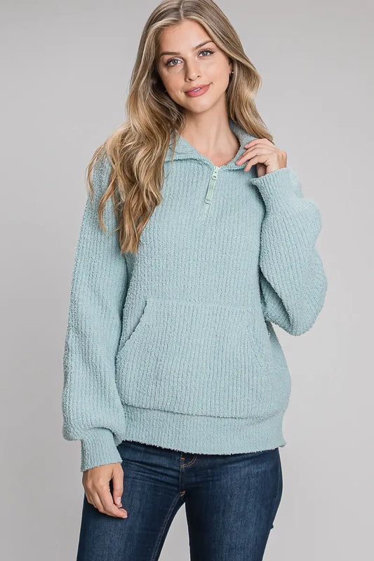 Sage Plush Half Zip Pullover Sweater