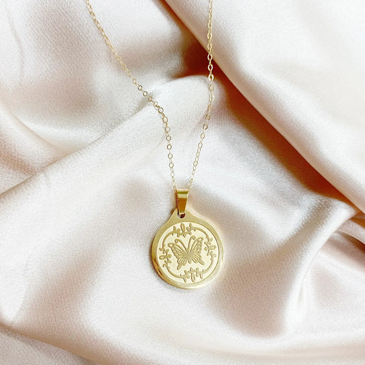 Monarch Butterfly Coin Necklace Gold Filled