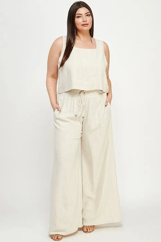 Natural Linen Wide Leg Pants- Plus Size