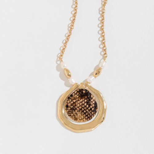 SNAKE PRINT AND PEARL ACCENT GOLD PENDANT