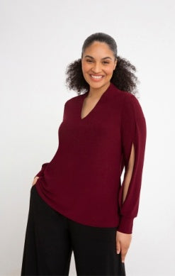 SPLIT SLEEVE V-NECK TOP, LONG SLEEVE